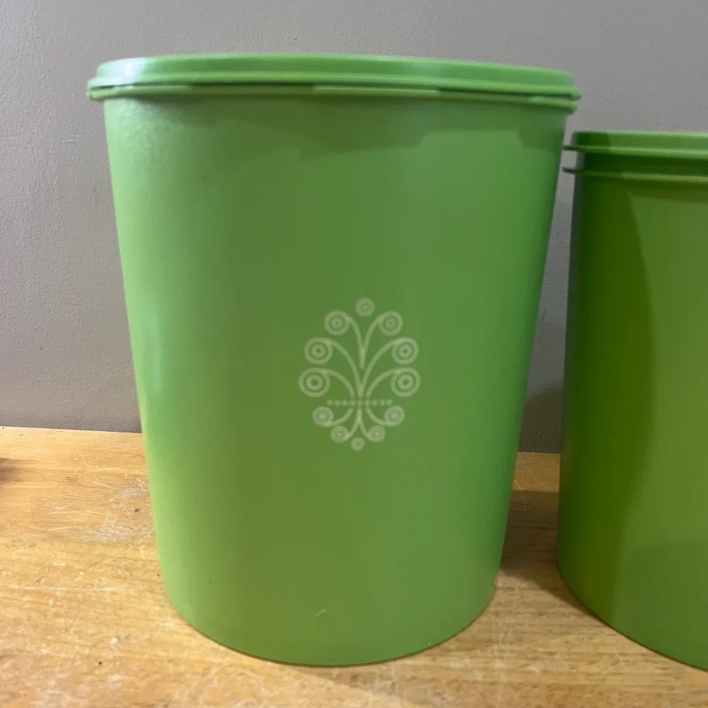 Vtg Tupperware Servalier Canister Set 4pc Lime Green Sunburst Lids 70s Retro MCM